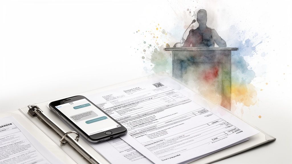 Smartphone with chat messages on legal documents and a binder, with a watercolor speaker at a podium.
