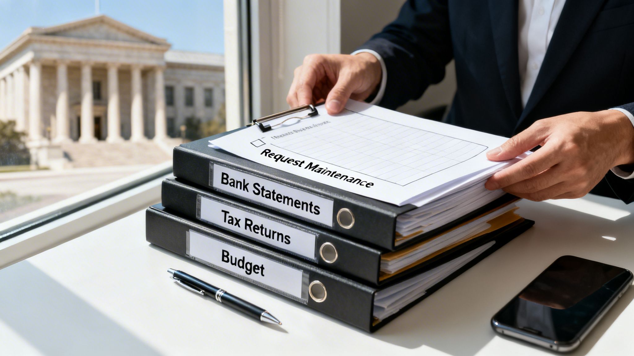 Person reviews 'Request Maintenance' form, with financial binders on desk in office, courthouse outside.