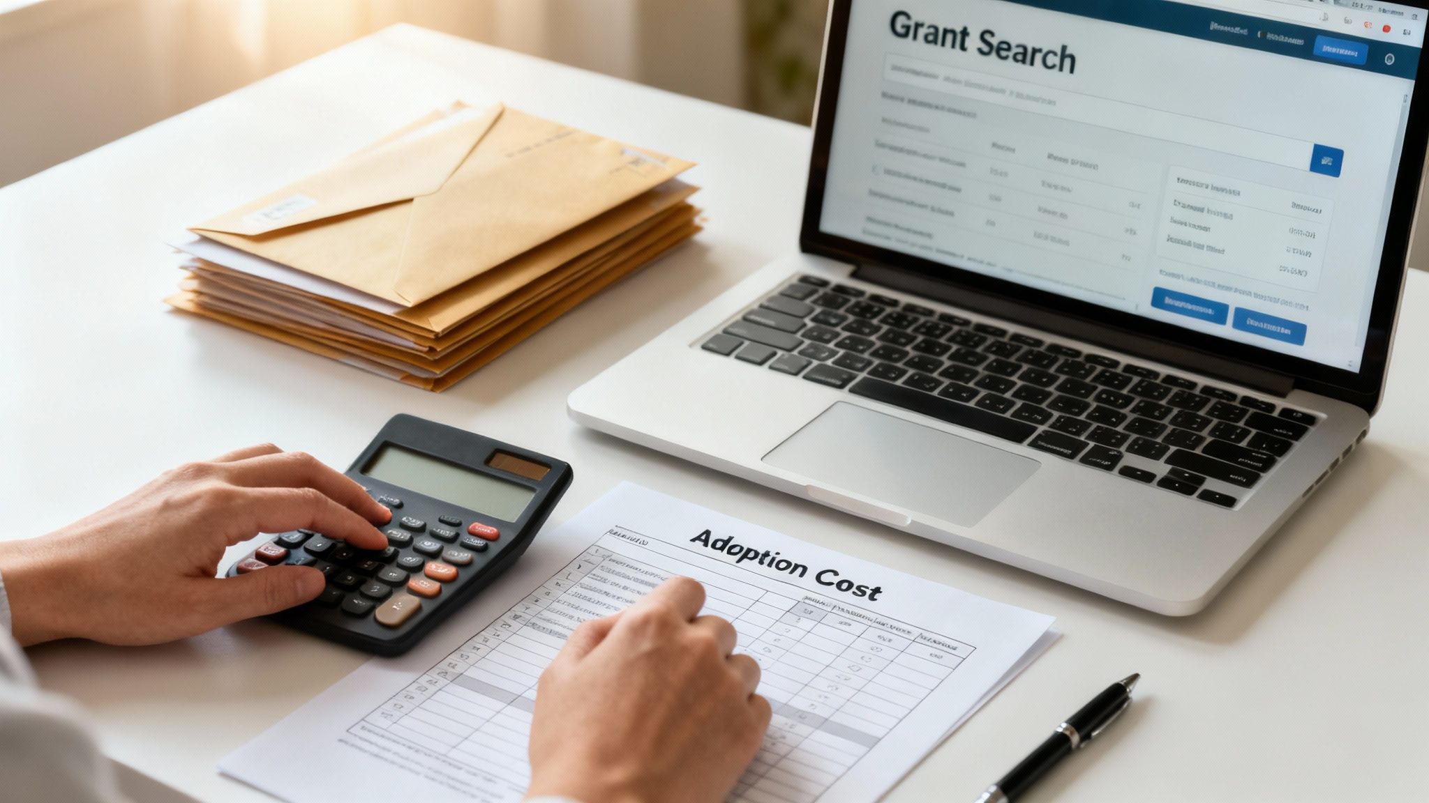 Person calculating adoption costs with a calculator, reviewing a document, and searching grants on a laptop.