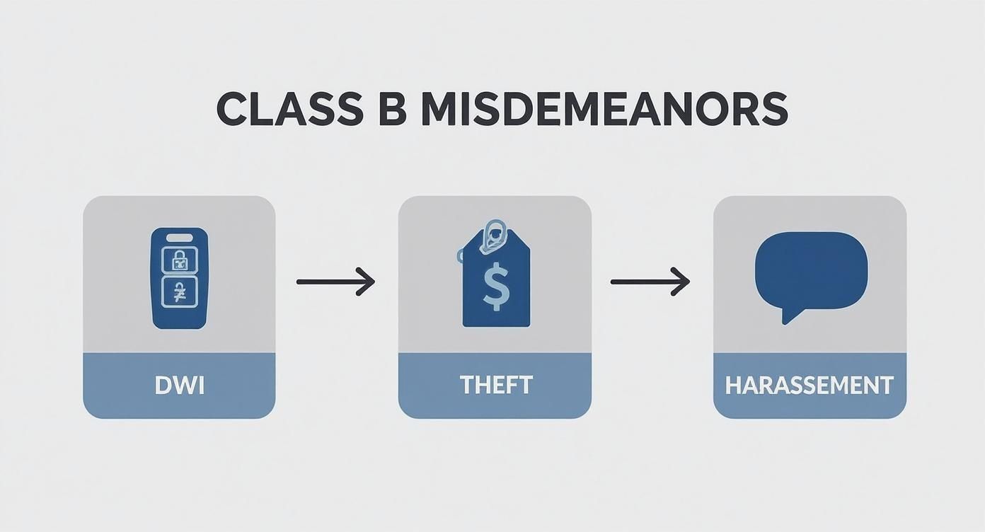 Infographic showing the process flow for common Class B misdemeanors like DWI, Theft, and Harassment.