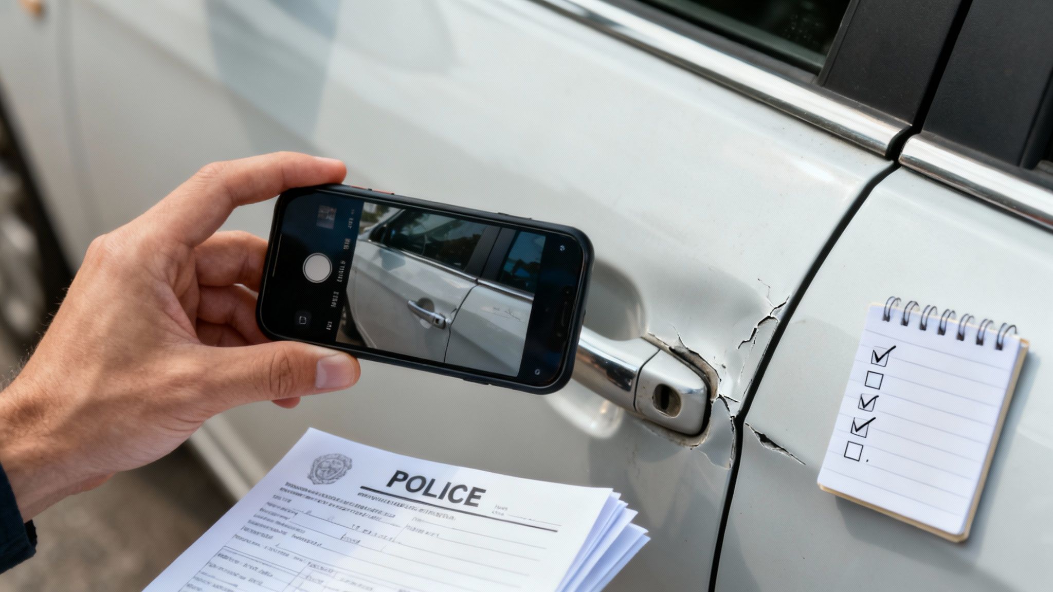 Checklist of documents and a pen for a car accident claim