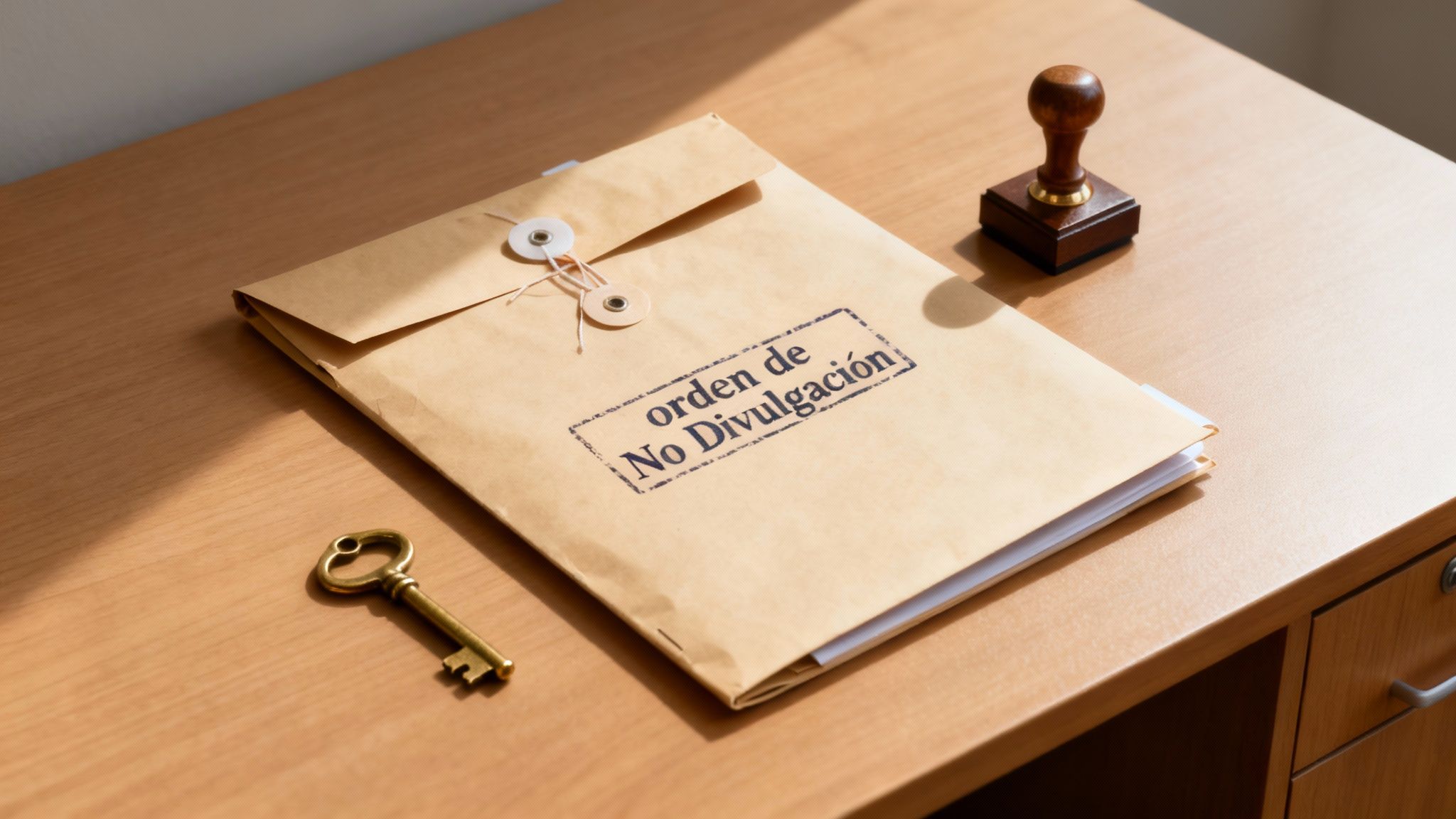 Un sobre marrón con el sello "Orden de No Divulgación", una llave antigua y un sello de madera en un escritorio de madera.