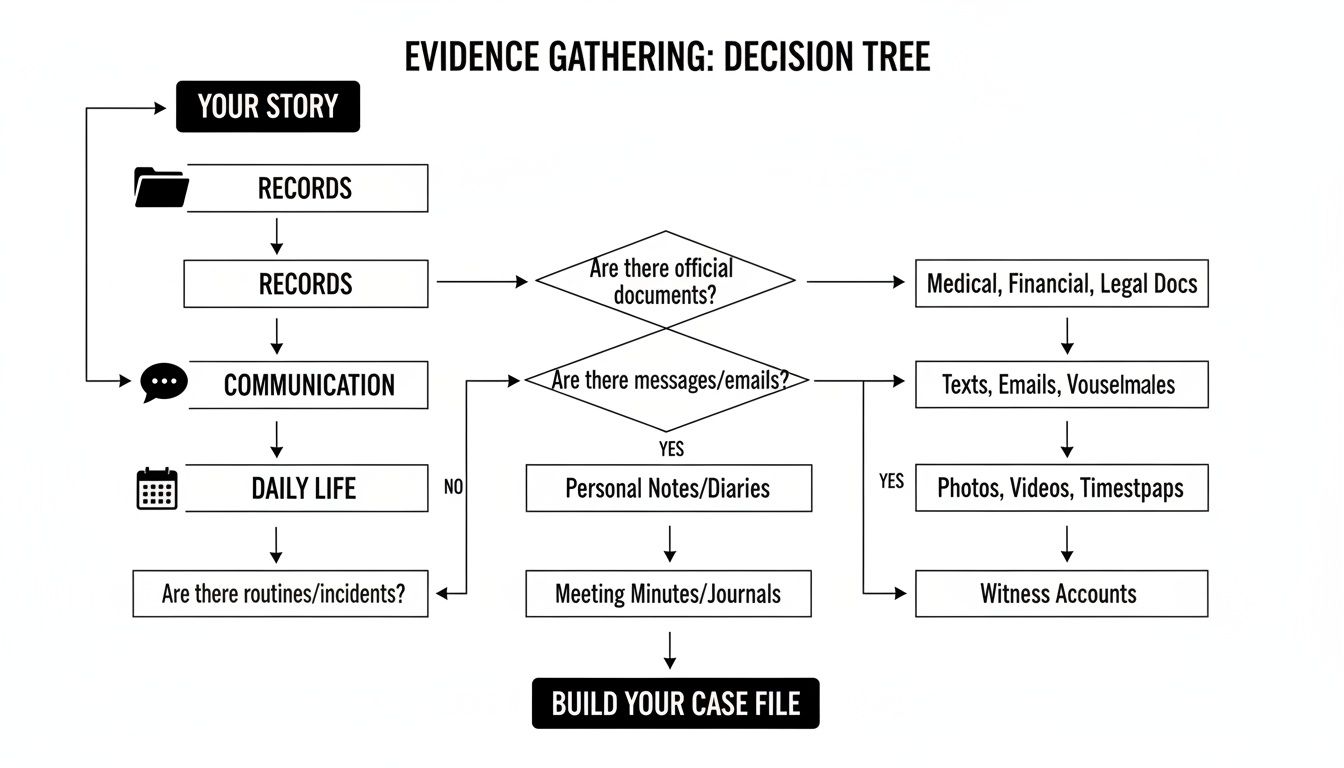 Flowchart illustrating an evidence gathering decision tree for building a case file.