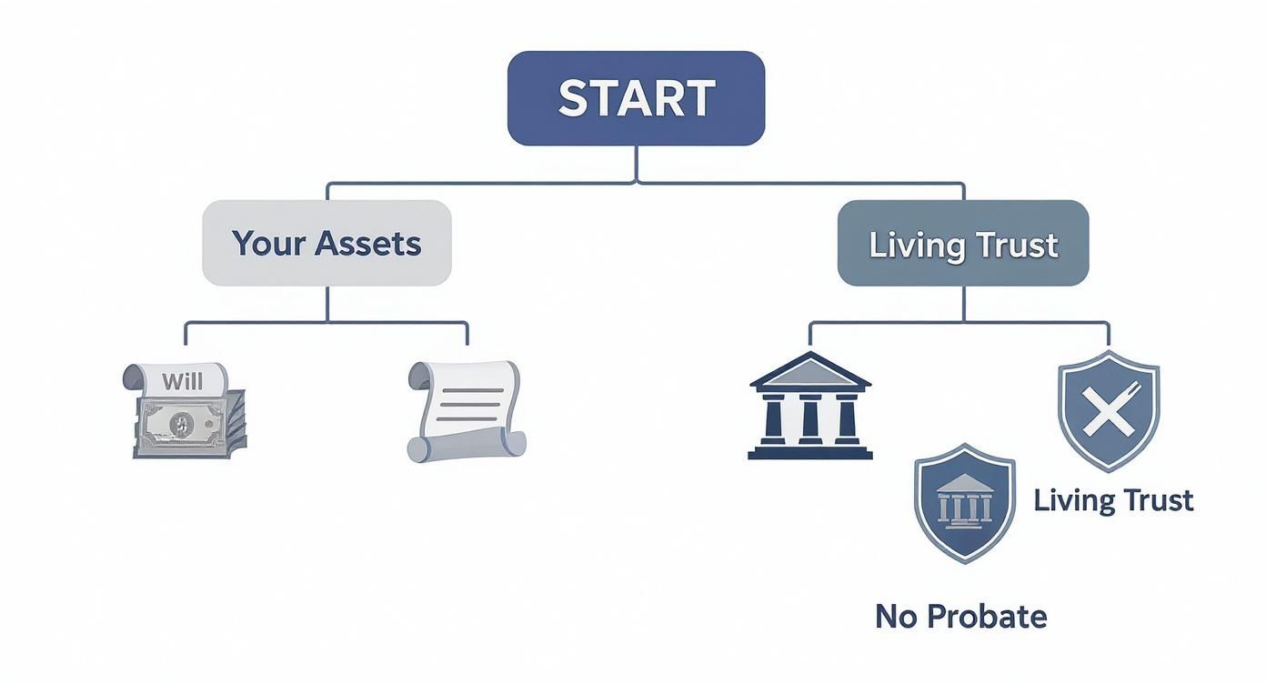 Flowchart illustrating asset transfer options: "Your Assets" leading to "Will" with probate implications, and "Living Trust" indicating no probate, emphasizing efficient estate planning strategies to avoid court involvement.