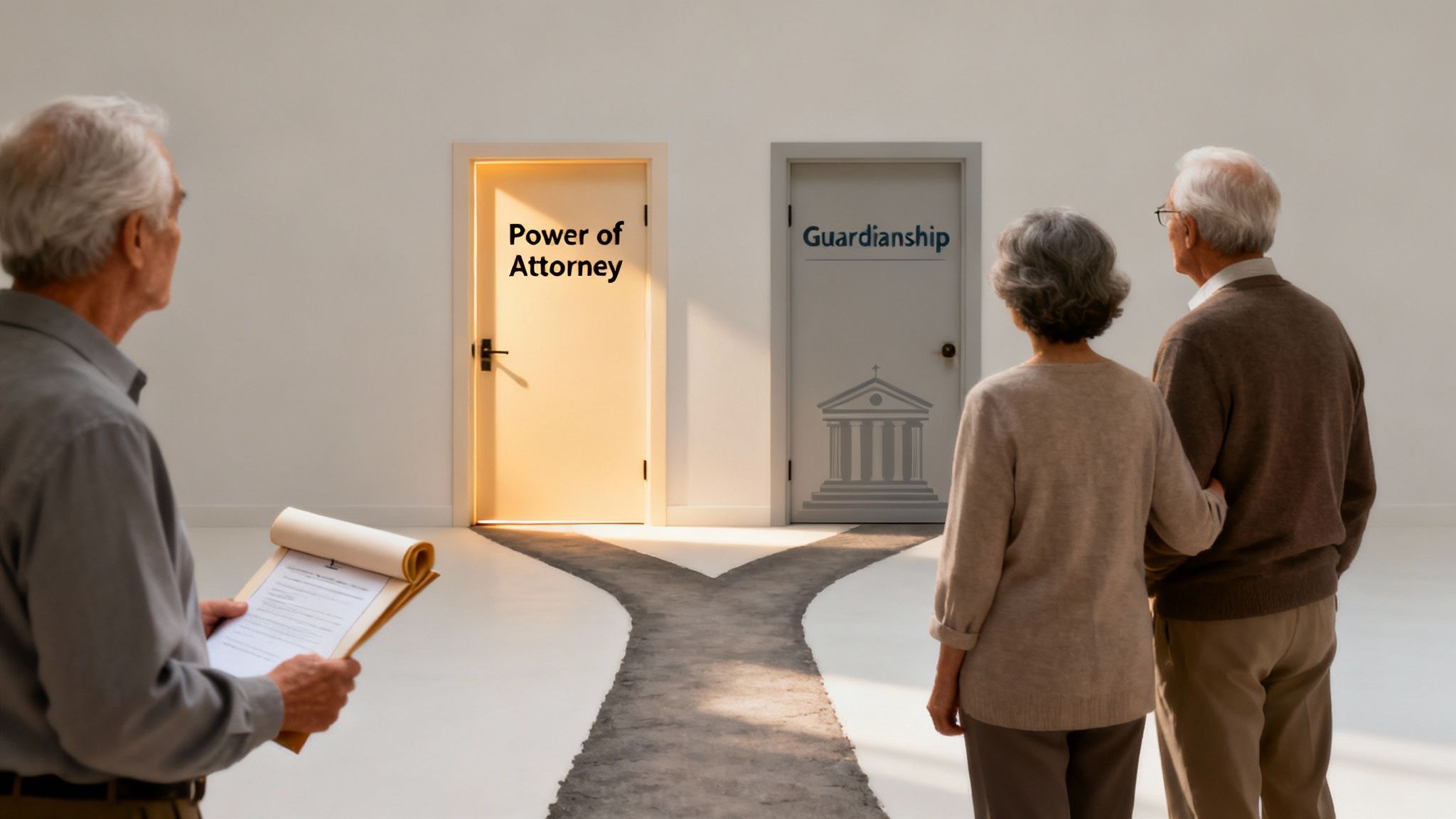 Elderly couple choosing between power of attorney and guardianship doors with advisor holding documents