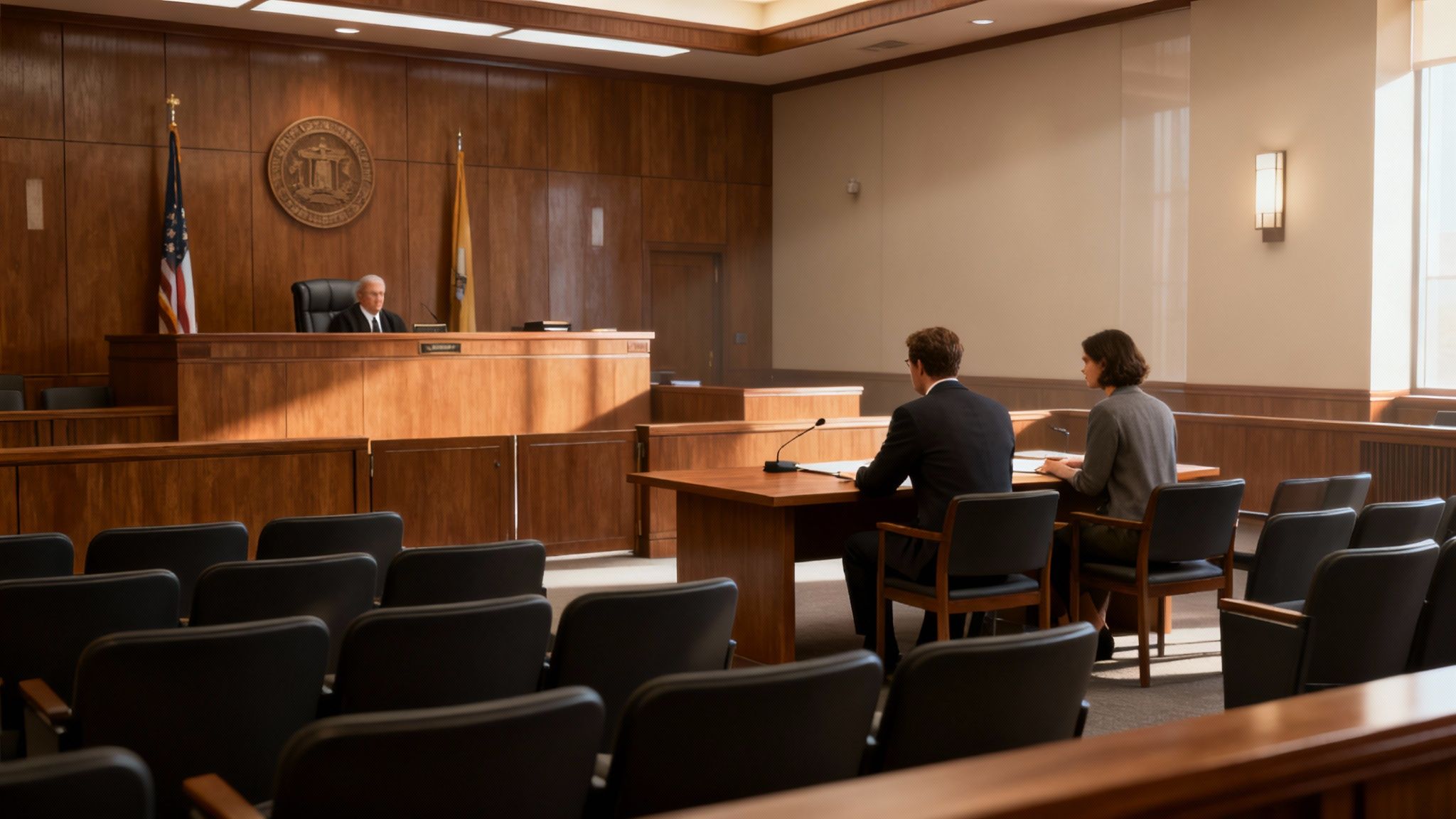 Courtroom scene with a judge presiding, two individuals seated at a table, and empty benches, illustrating the Texas criminal court process for domestic assault cases.