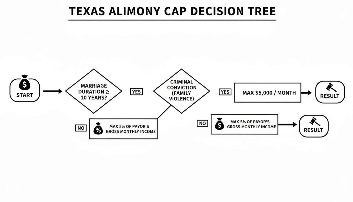 Flowchart detailing Texas alimony cap decision based on marriage duration and criminal conviction.