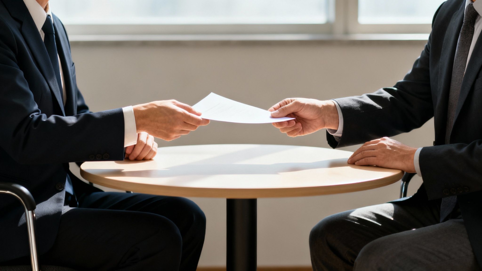 Two businessmen exchanging documents across a table in a bright office setting.