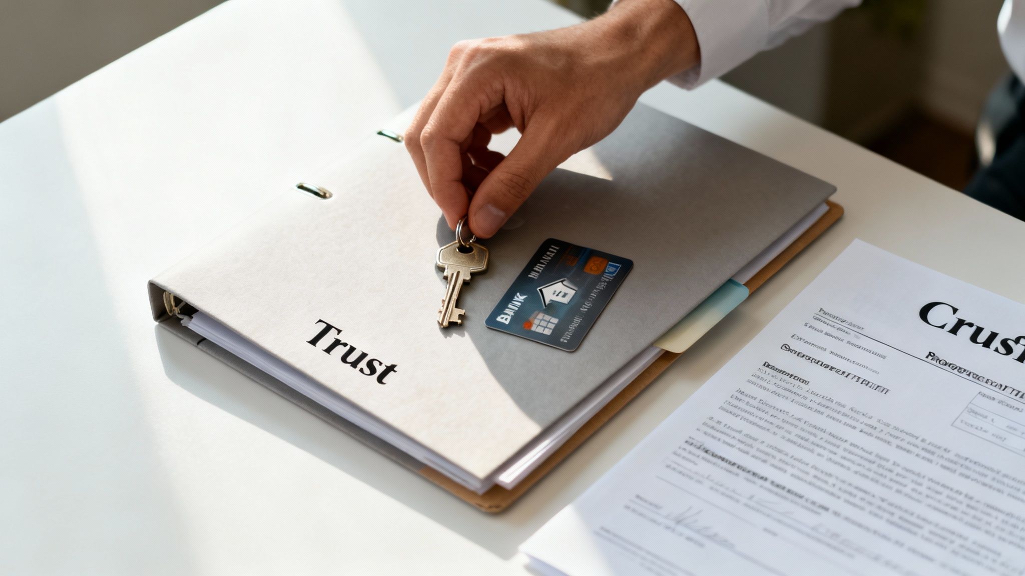 Person's hand holds a key over a trust binder with a credit card nearby.