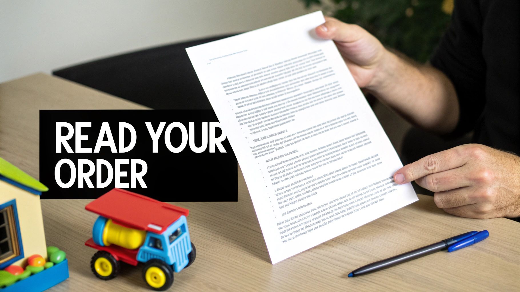 Hands hold document, pointing at text, with toys, pen and 'READ YOUR ORDER' visible.