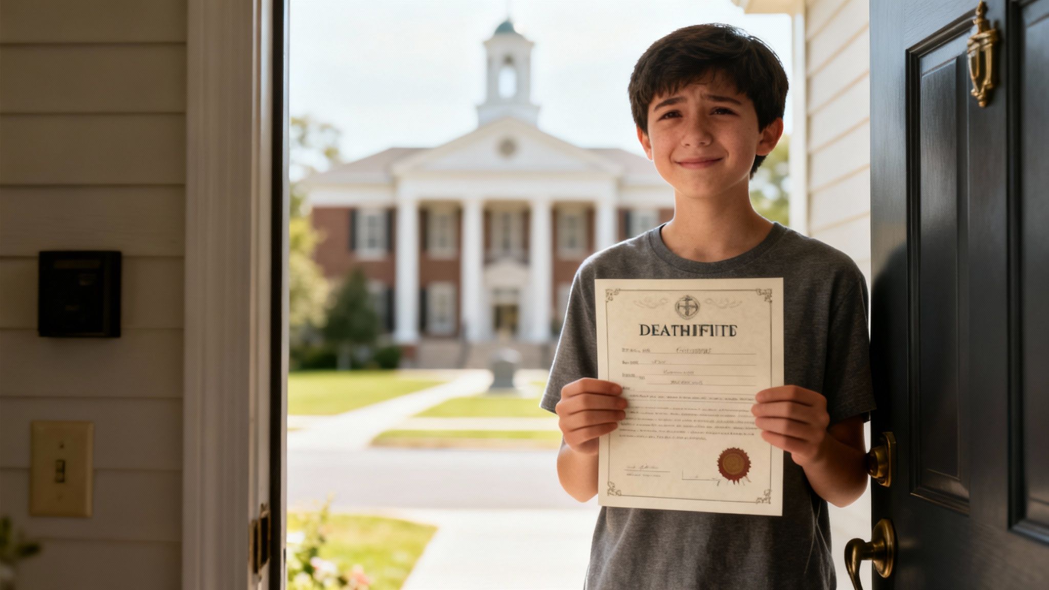 Young boy holding a death certificate at the front door, symbolizing the process of property transfer through a Lady Bird Deed in Texas estate planning.