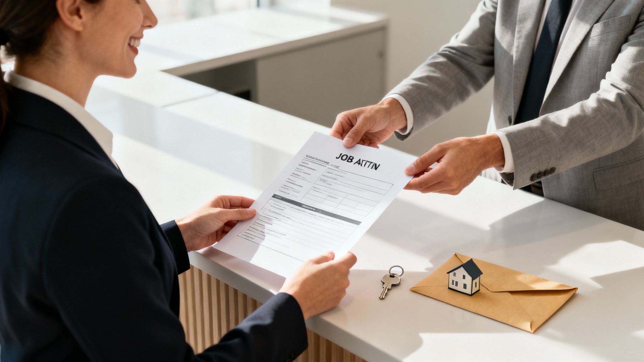 Woman in business attire receiving a job application from a man in a suit, with a house key and envelope on the desk, symbolizing opportunities after expunction.