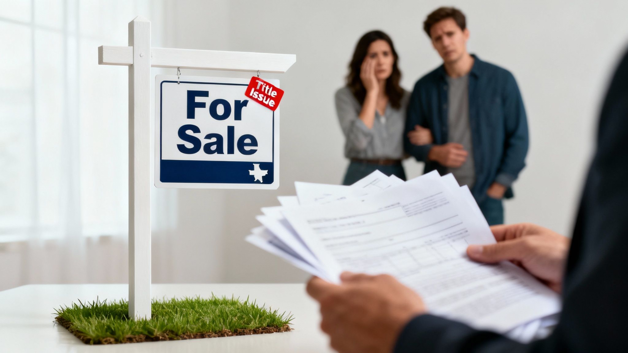 A worried family sits around a table looking at legal documents, concerned about a house sale.