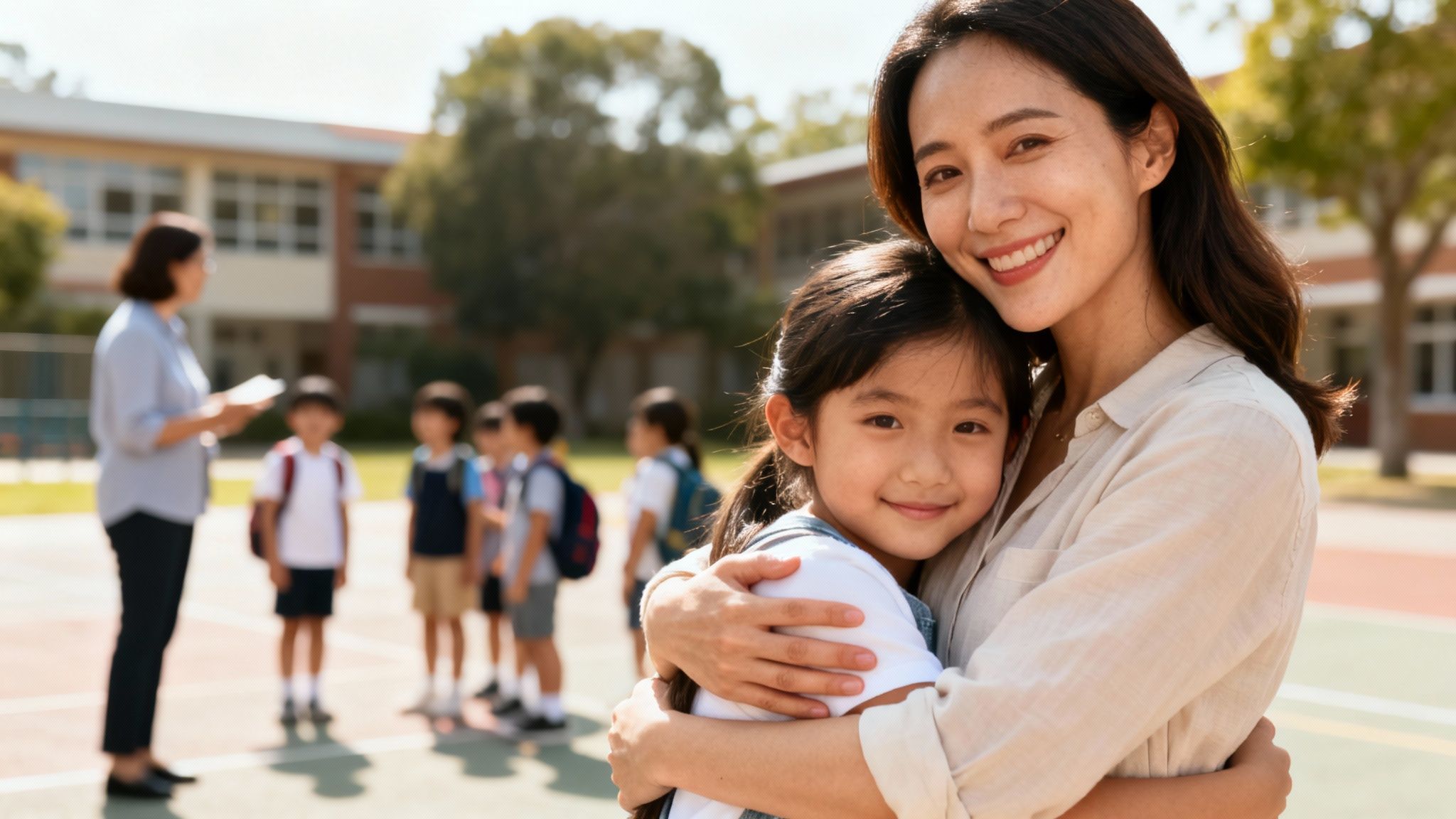 Smiling Asian mother embraces her happy daughter at school, with classmates and teacher in the background.