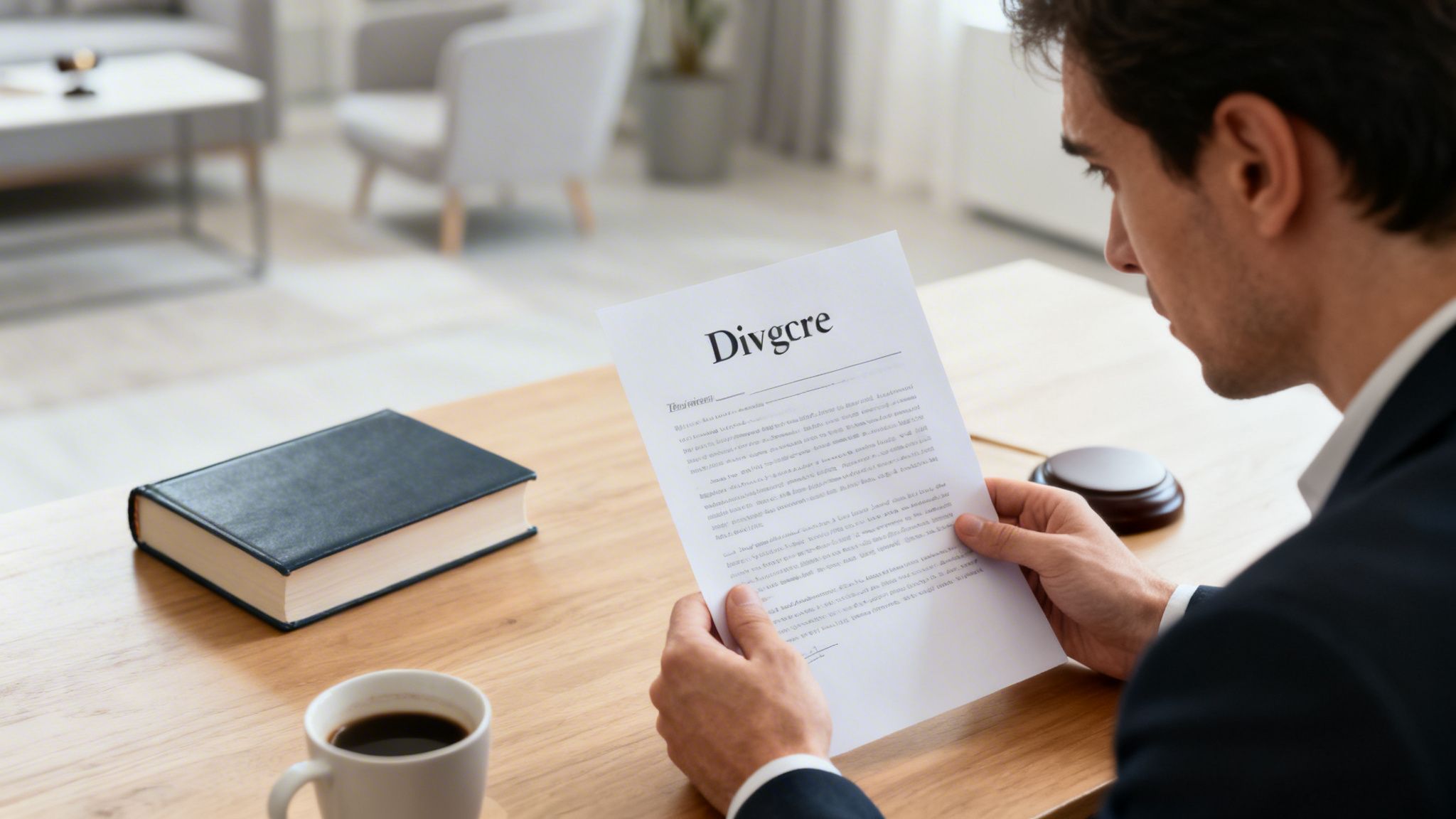 Man in a suit reads a legal document on a wooden desk next to a law book and gavel.