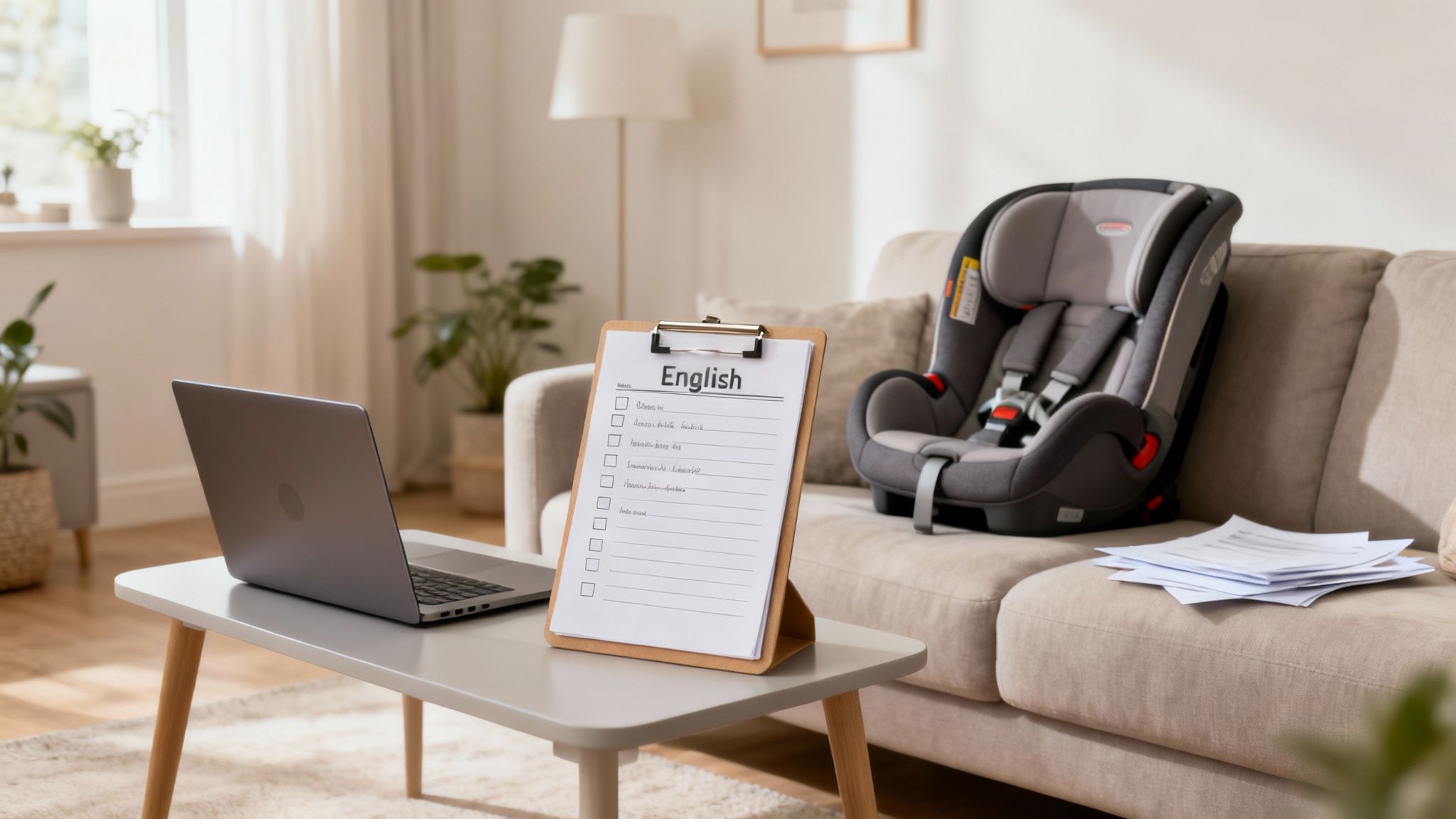 A home setting featuring a laptop, a clipboard with an 'English' checklist, and a baby car seat on a couch.