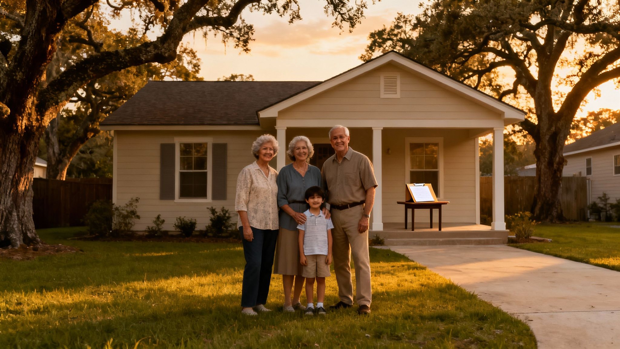 Family standing in front of a home during sunset, representing the importance of estate planning and revocable living trusts for securing family assets in Kingwood, Texas.