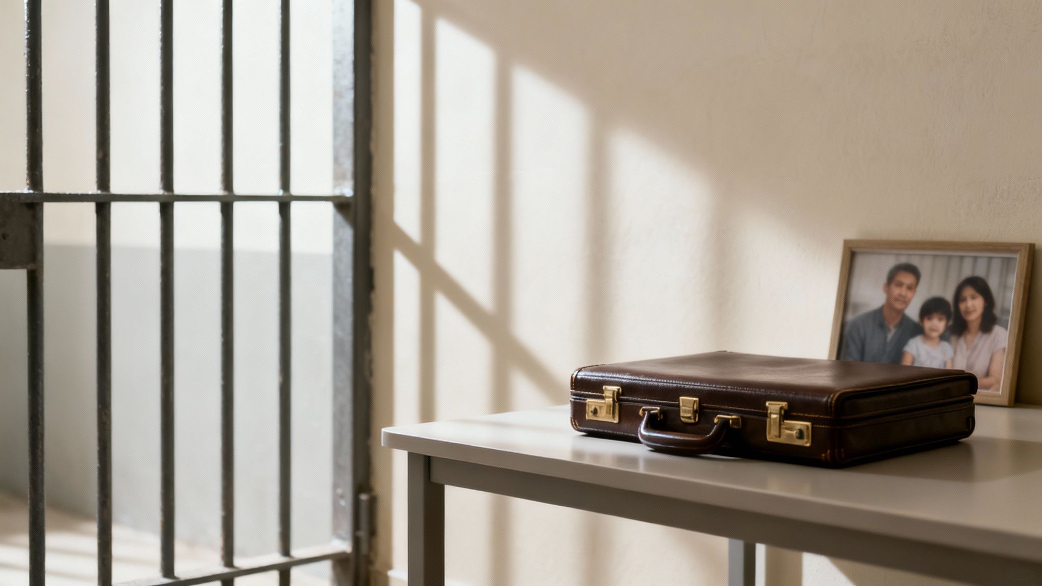 Brown briefcase on a table next to a family photo in a jail setting with barred window, symbolizing criminal defense and legal representation.