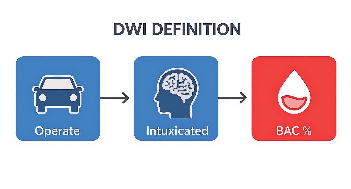 DWI definition diagram illustrating three components: operate a vehicle, intoxication, and blood alcohol concentration (BAC) percentage, relevant to Texas DWI laws.