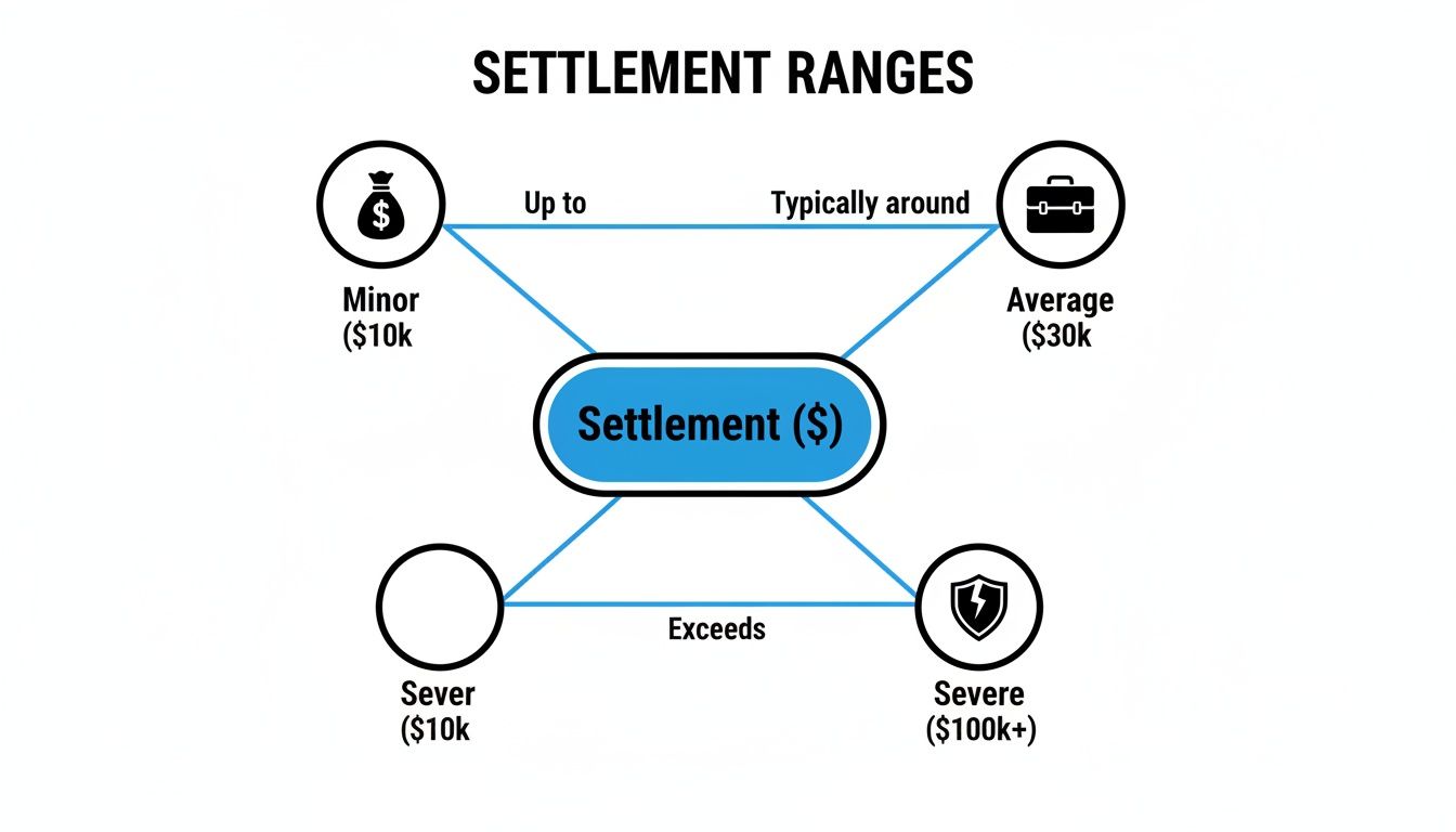 Diagram illustrating various settlement ranges from minor to severe, showing different monetary values.