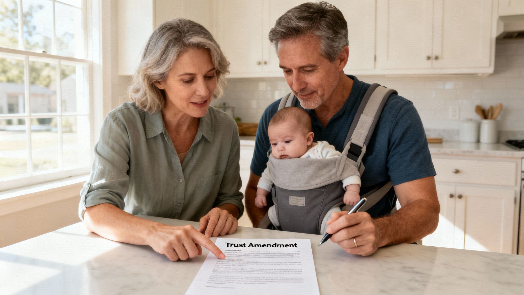 A couple with a baby in a carrier reviewing a 'Trust Amendment' document at a kitchen table, preparing to sign.