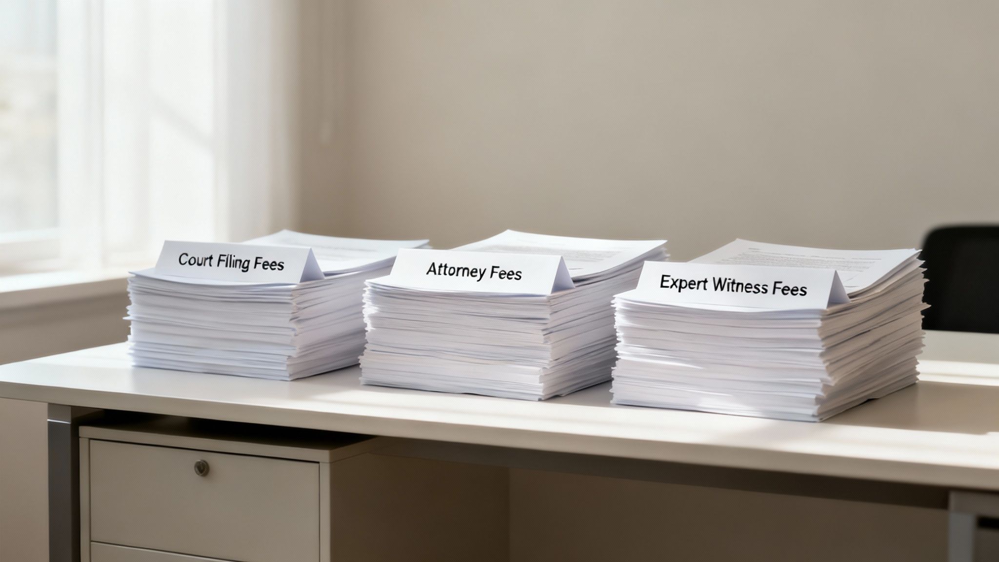 A person signing divorce papers on a wooden desk with a pen and calculator nearby.