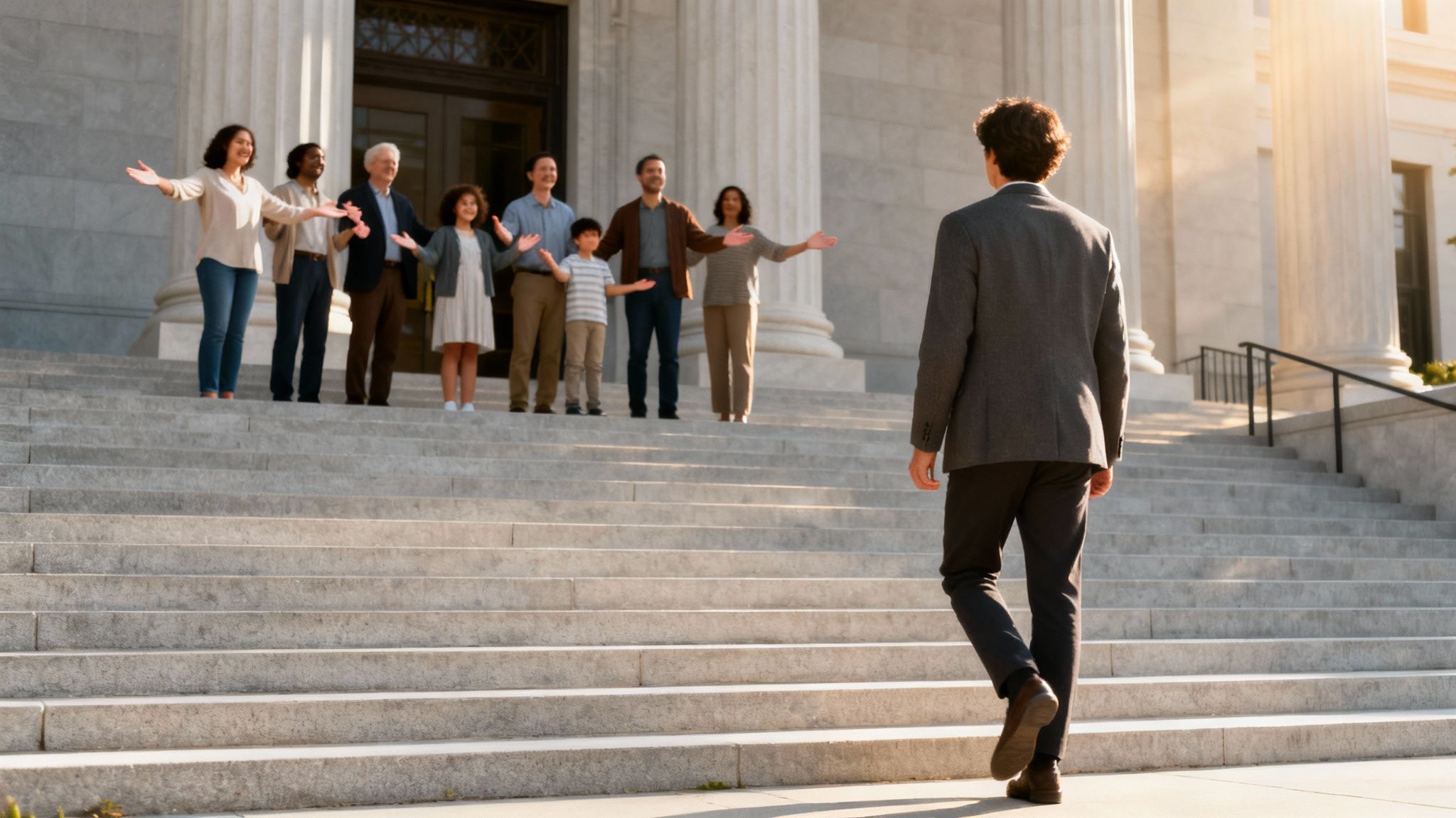 Man walking towards a group of family and friends with outstretched arms on courthouse steps, symbolizing support after a bond hearing in Texas.