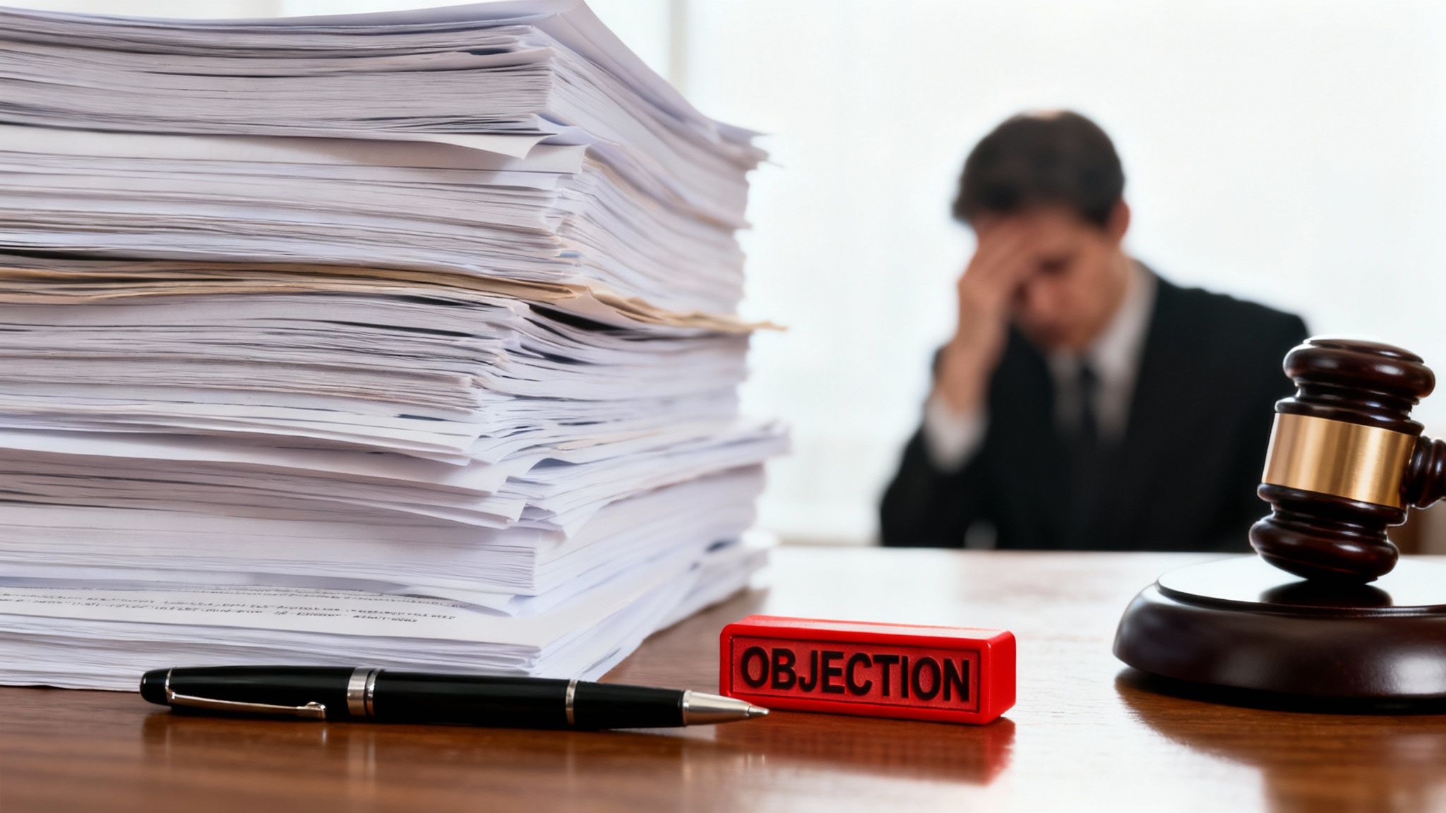 A stressed lawyer with a stack of papers, a gavel, and an 'Objection' sign on a desk.