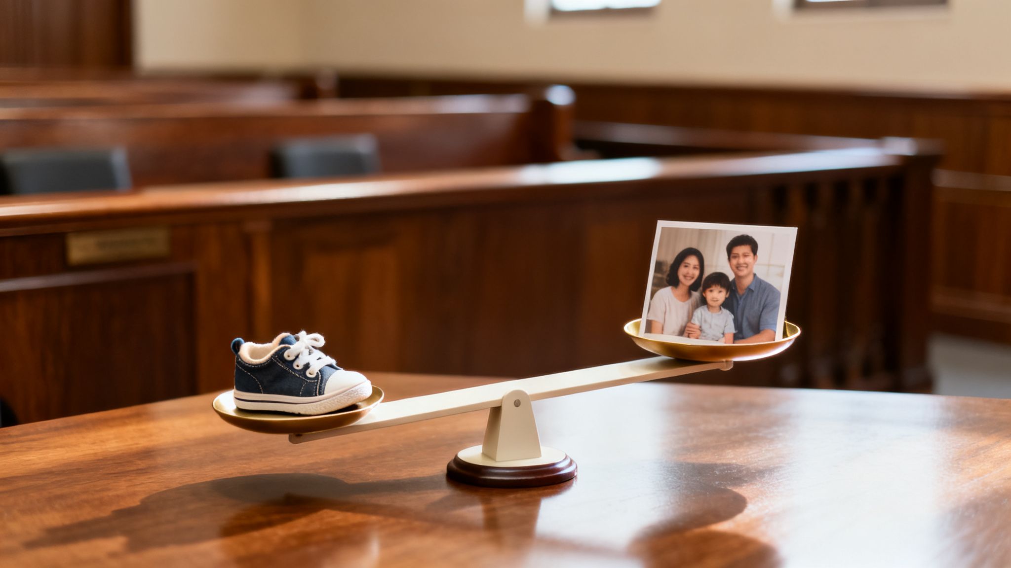 A balancing scale in a courtroom with a baby shoe and a family photo.