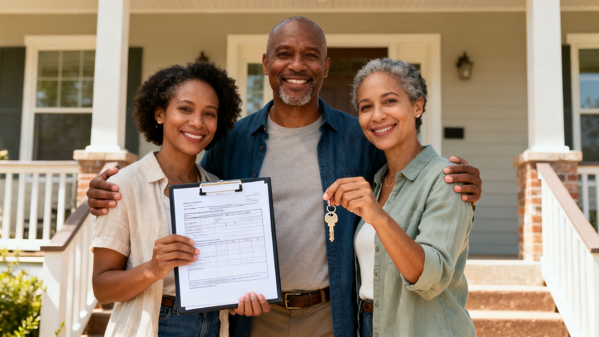A happy multi-generational family stands in front of their new home, holding keys and documents.