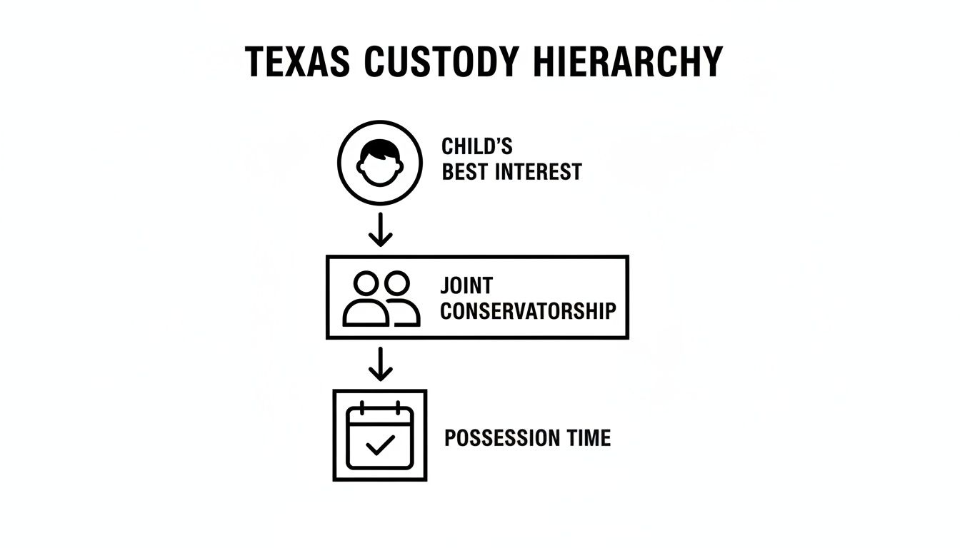 Flowchart illustrating the Texas custody hierarchy: child's best interest, joint conservatorship, and possession time.