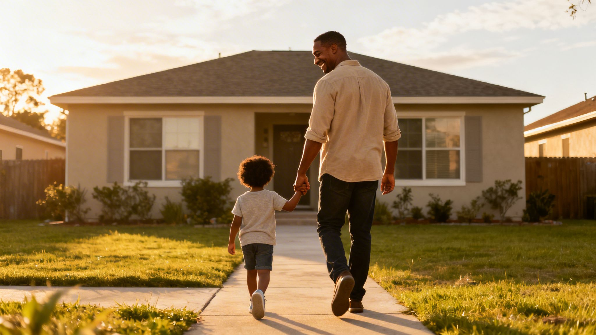 A happy father and his young son walk hand-in-hand on a path towards their home.
