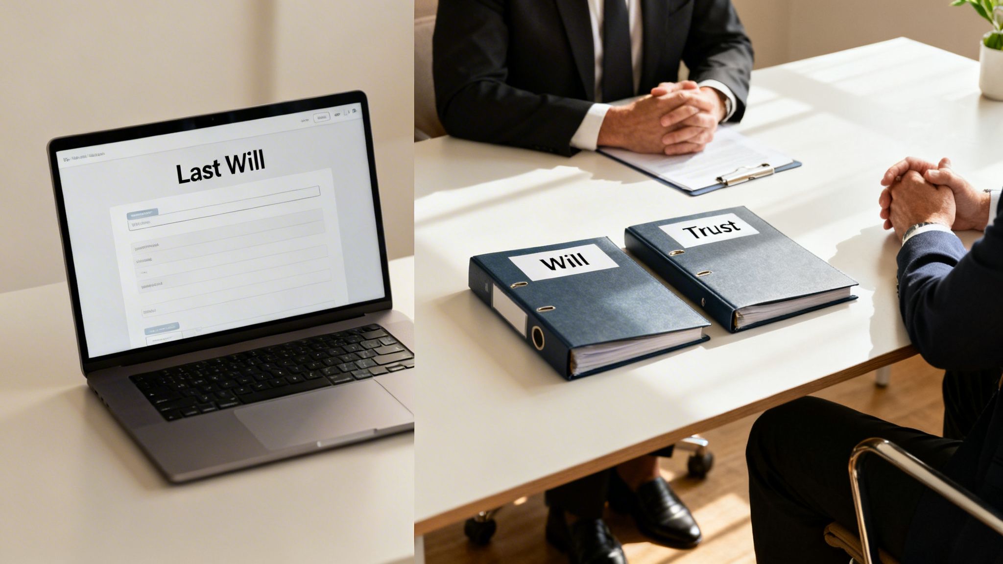 A laptop displaying a 'Last Will' form next to two men discussing legal documents like a will and trust.