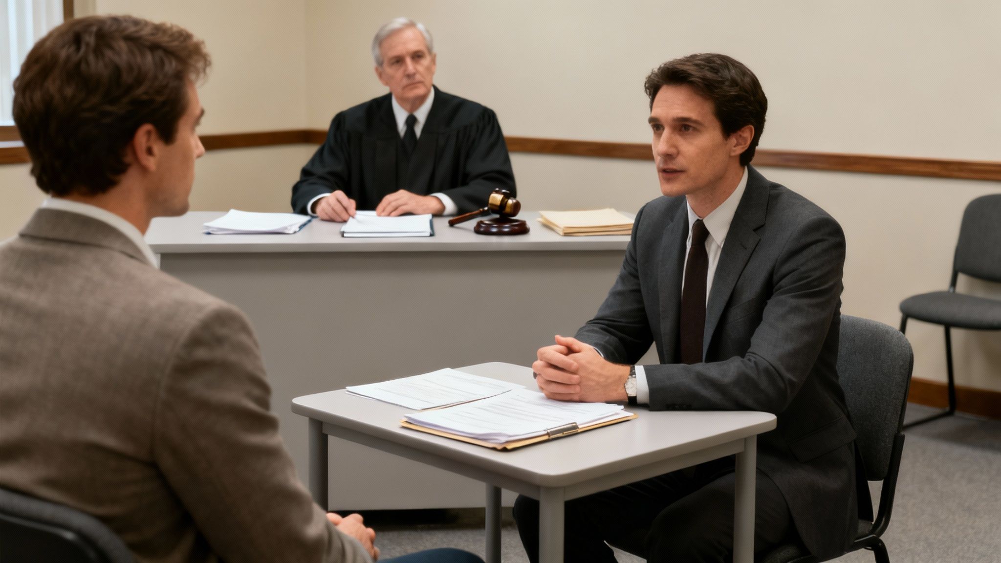 A judge presides over two men in a legal setting, with documents on the tables.