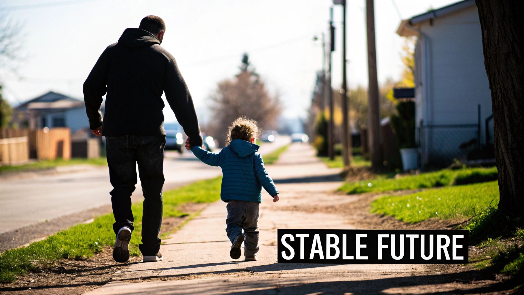 A man and child walk hand-in-hand down a sunny sidewalk, representing a stable future.
