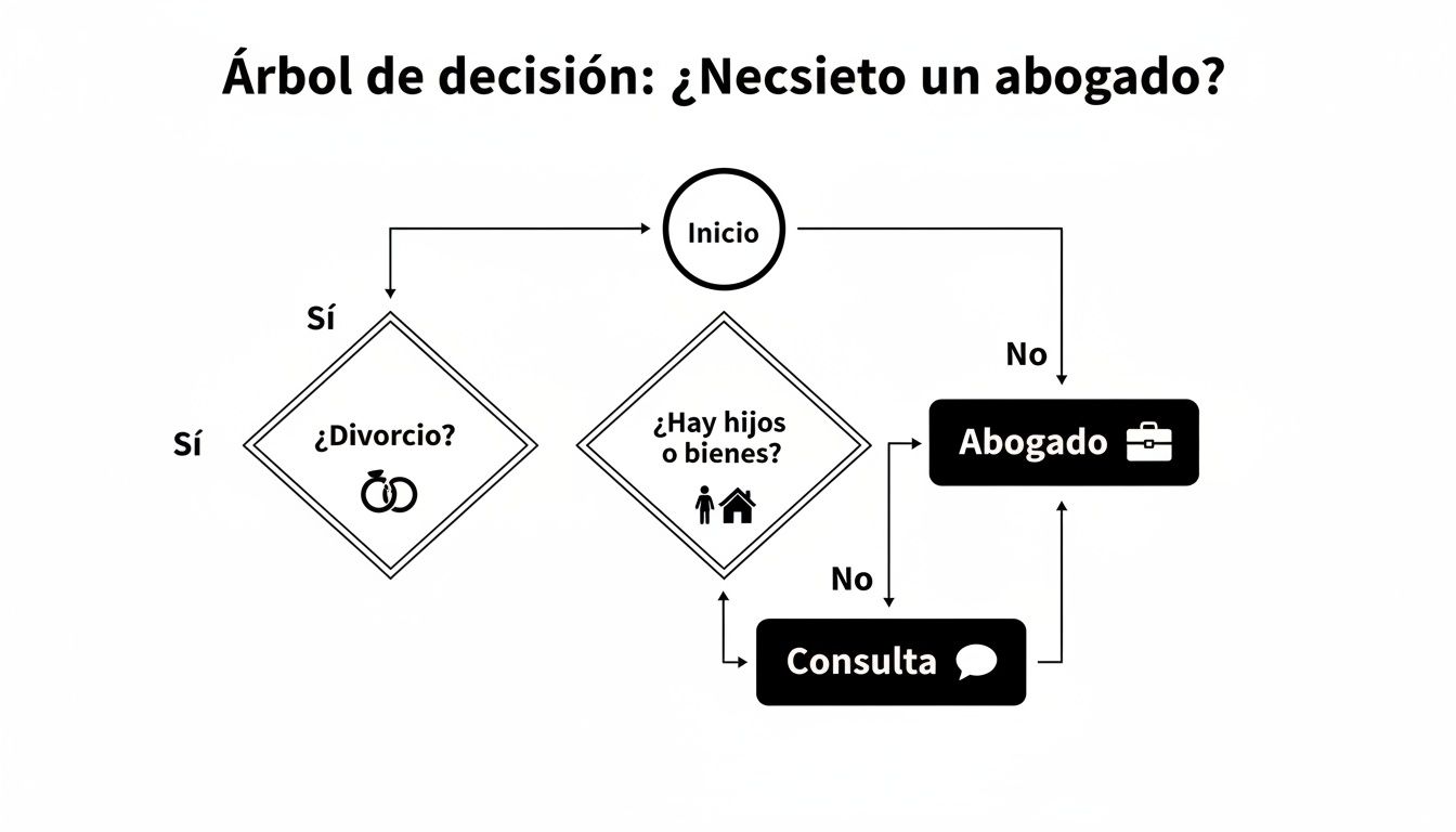 Diagrama de flujo: Árbol de decisión sobre cuándo necesitas un abogado para divorcio, hijos o bienes.
