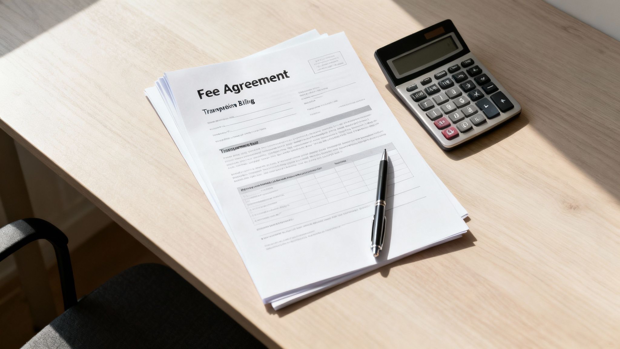 A 'Fee Agreement' document, a calculator, and a pen on a light wooden desk, suitable for billing.