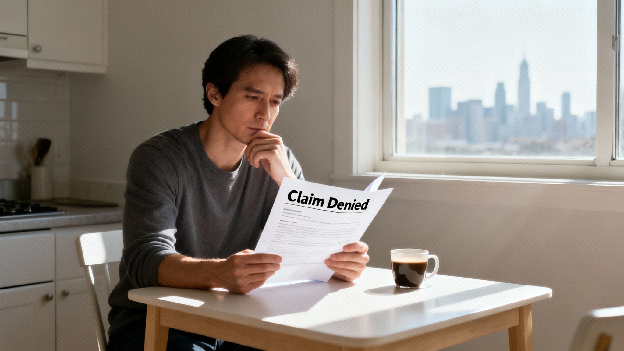 A pensive man sits at a table, reading a "Claim Denied" letter with a city view outside.