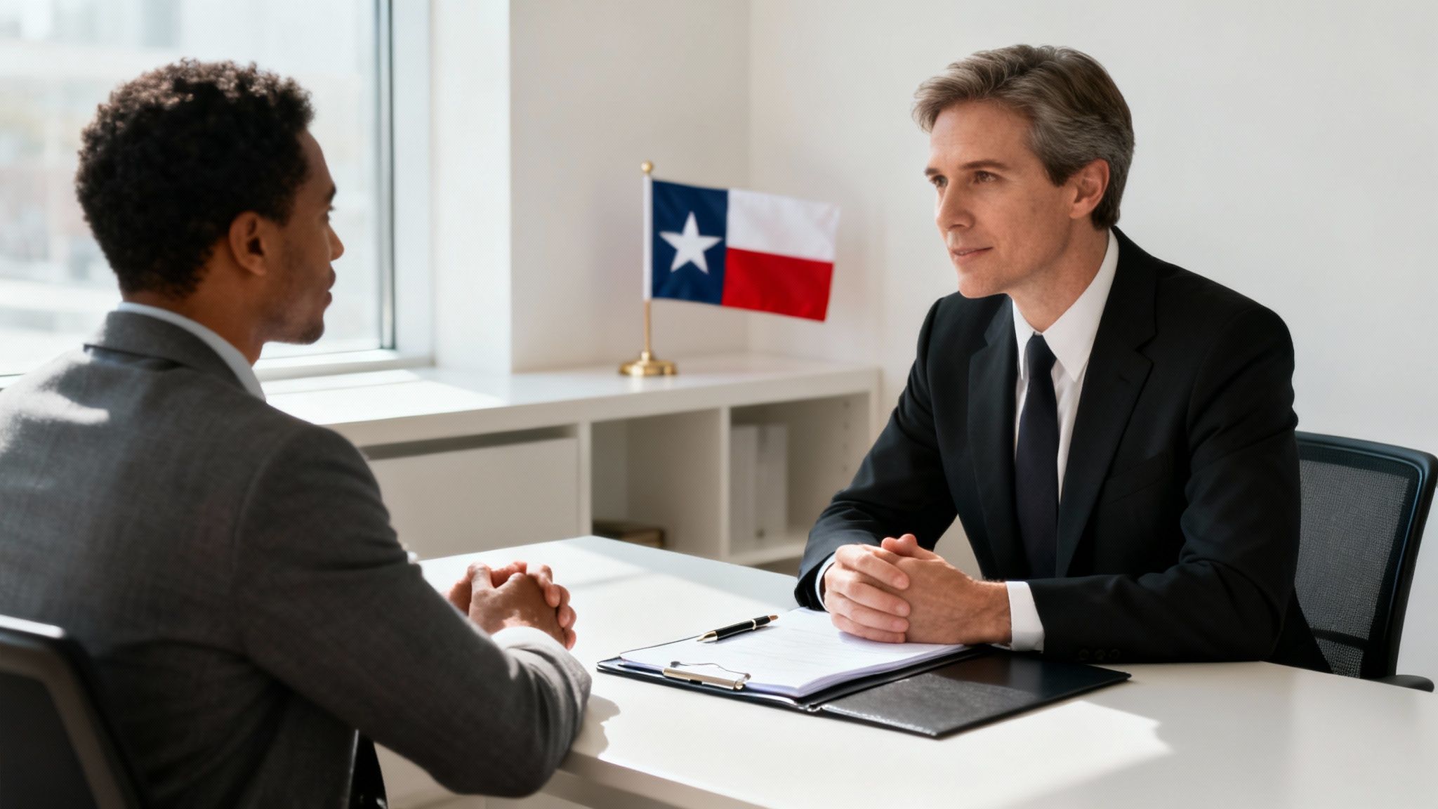 A lawyer reviewing documents with a client in an office setting.