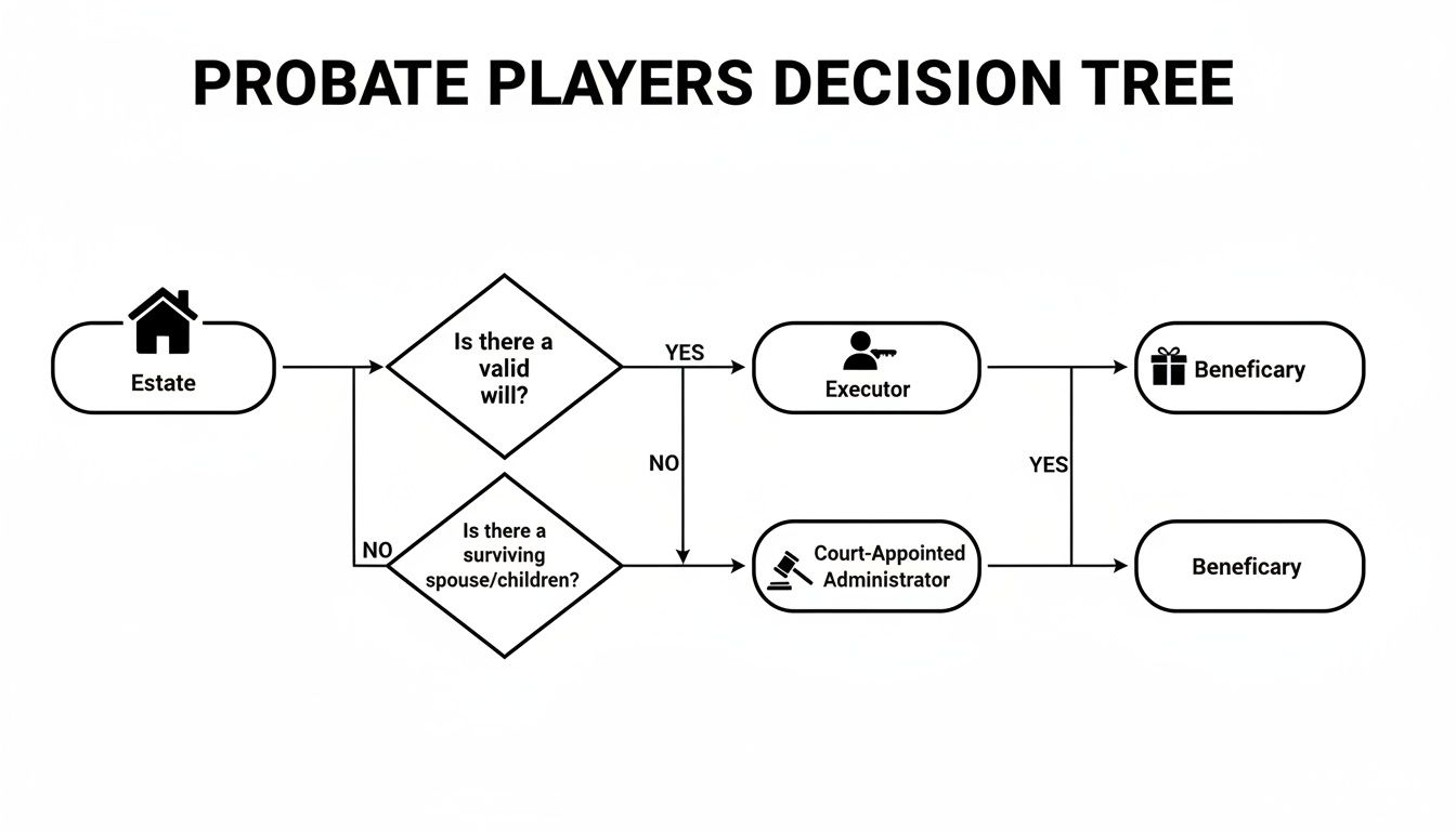 Probate players decision tree illustrating estate management process in Texas, highlighting roles of executor and court-appointed administrator, and pathways to beneficiaries.