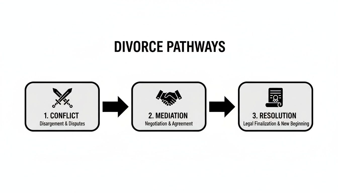 A flowchart illustrates the three pathways of divorce: conflict, mediation, and final resolution steps.