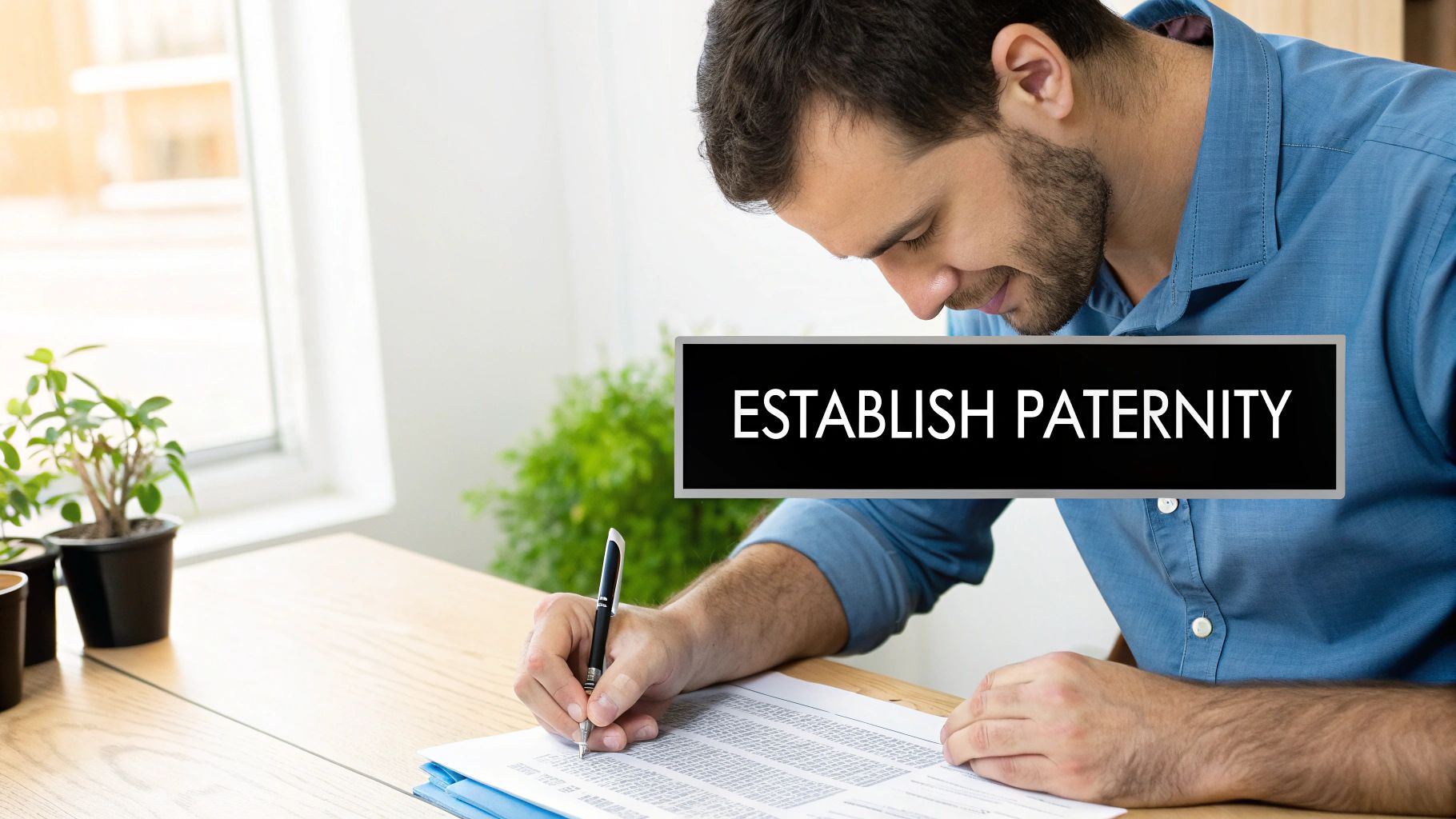 A man signs a document on a wooden desk, with text overlay "ESTABLISH PATERNITY".