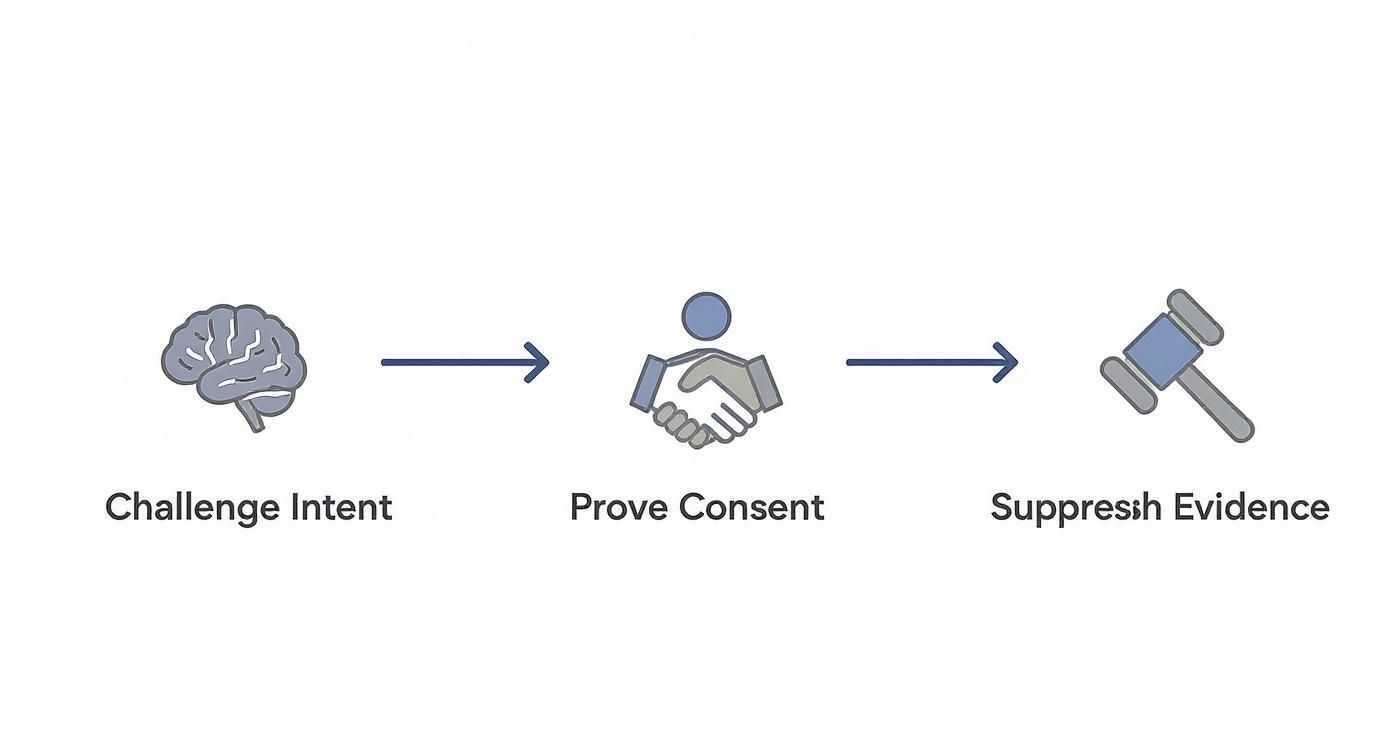 Icons representing legal defense strategies: challenge intent, prove consent, and suppress evidence, illustrating key concepts in burglary of habitation defense in Texas.