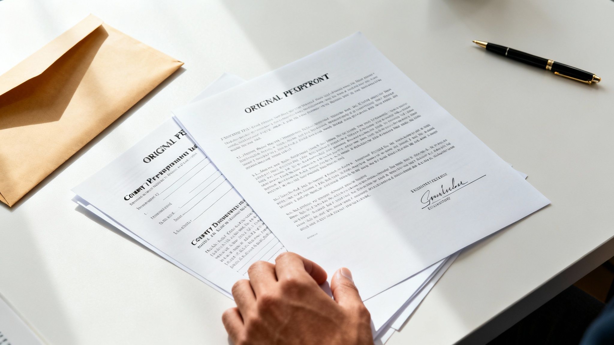 A hand reviewing legal documents and an envelope on a white table with a black pen.
