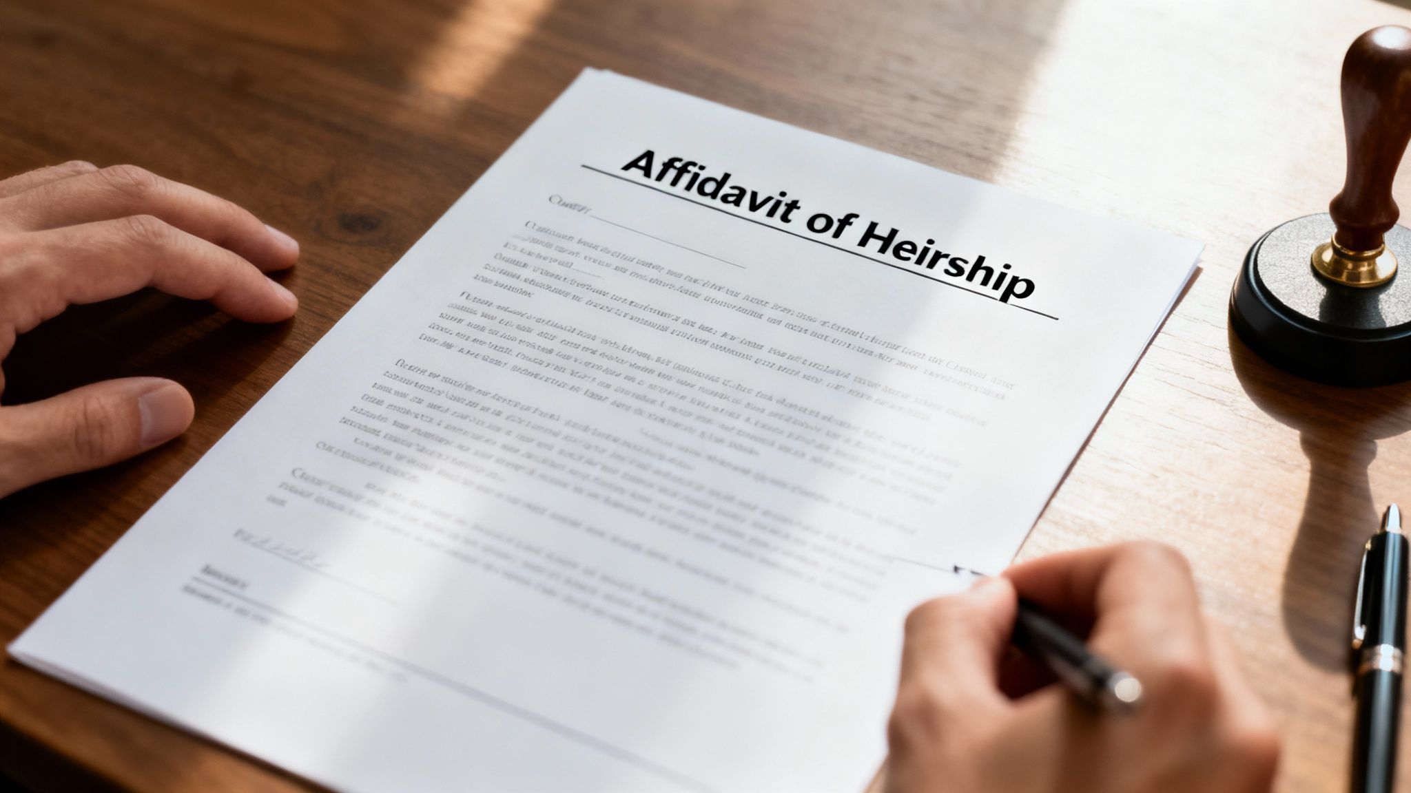 Affidavit of Heirship document on wooden table with hand holding a pen, symbolizing legal declaration of heirs in Texas estate planning.