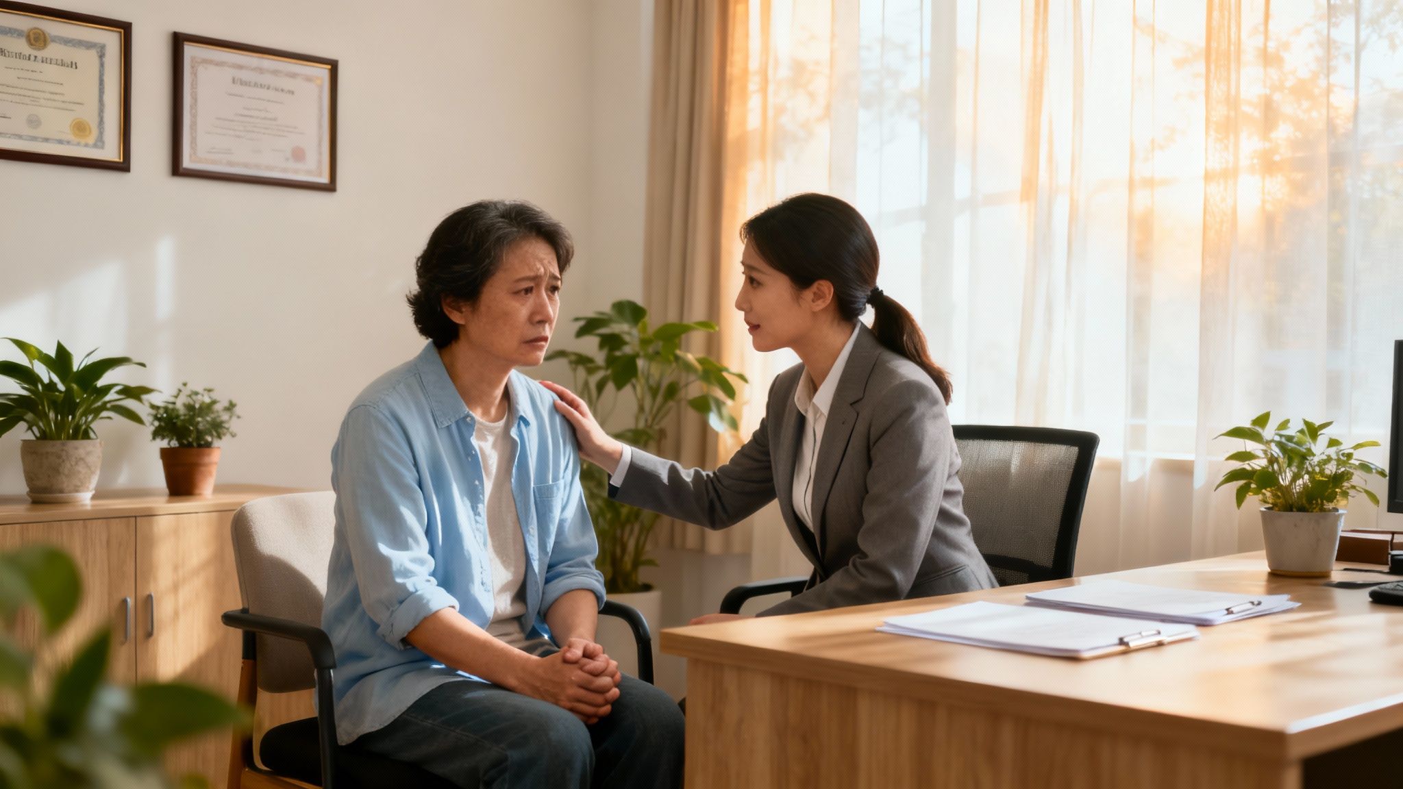 A compassionate social worker talking with a concerned mother and child in a calm, supportive setting.