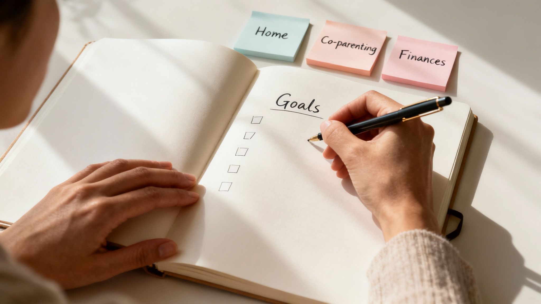 Person writing goals checklist in notebook with sticky notes labeled home, co-parenting, and finances