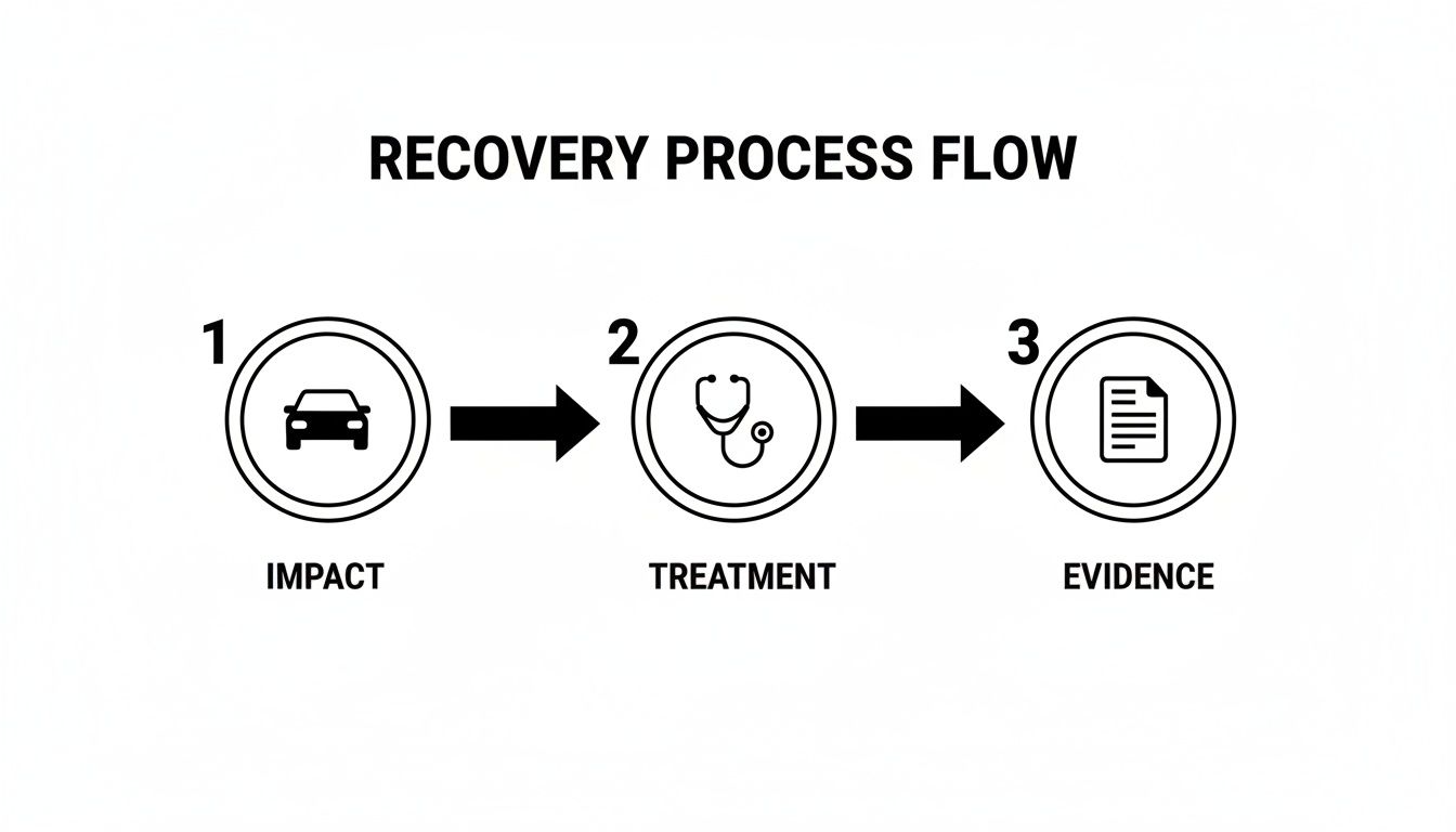 Flowchart showing the recovery process: Impact, Treatment, and Evidence, illustrated with icons.