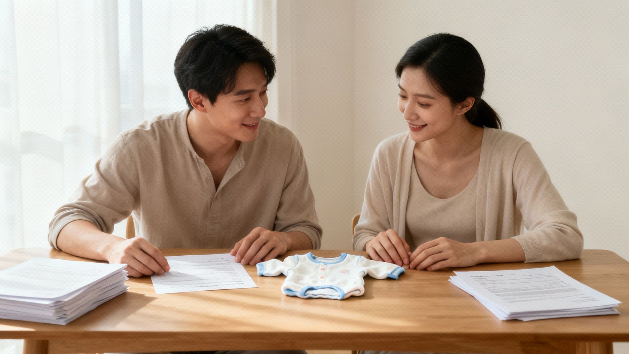 A smiling Asian couple discussing documents and looking at a tiny baby outfit on a table.