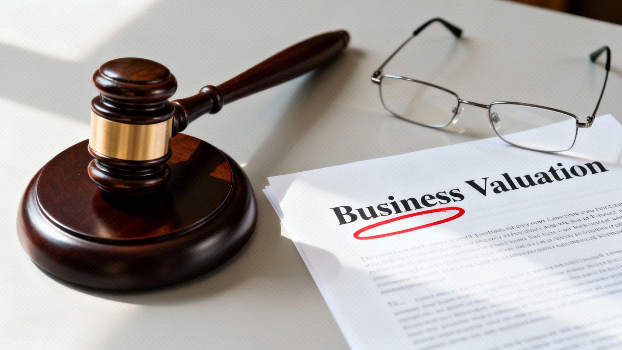 A gavel, eyeglasses, and a document titled 'Business Valuation' on a light table.